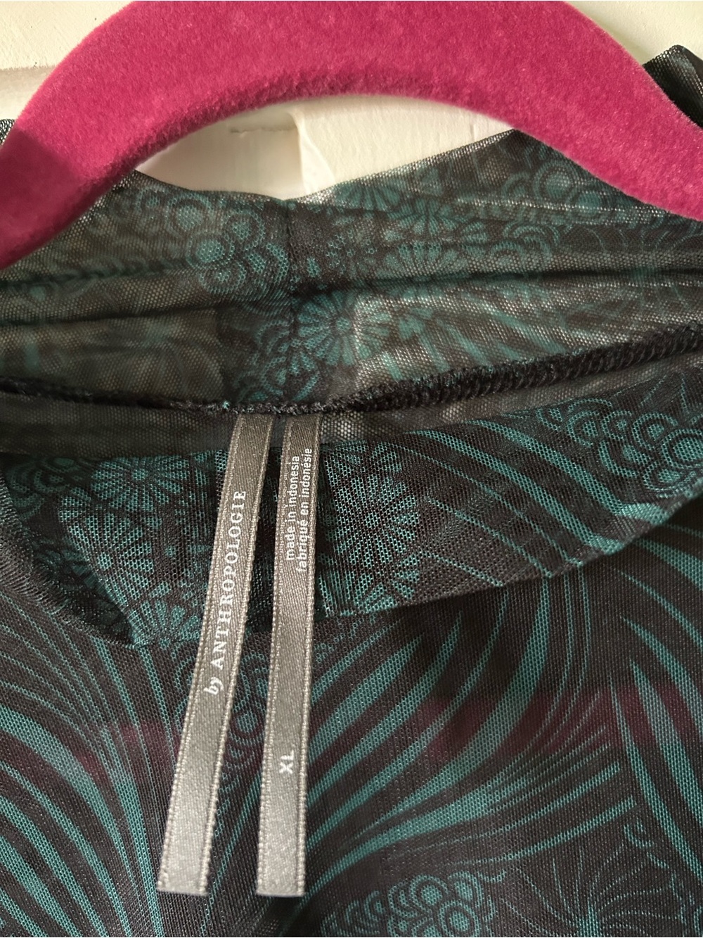 Anthropologie Teal and Black Sheer Printed Long Sleeve Top - Picture 4 of 5